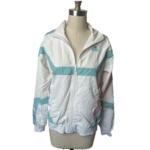 Vintage Kappa White Turq Zip Up Retro Track Windbreaker Jacket Women's Size L - Picture 1 of 8
